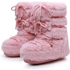 Size 10 / 11 Fuzzy Pink Plush Lined Warm Boots Anti-Slip Wear Resistant Mid Calf